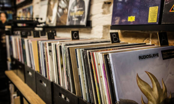 Vinyl shop in Kiev, Ukraine. Collection of LP vinyl records for